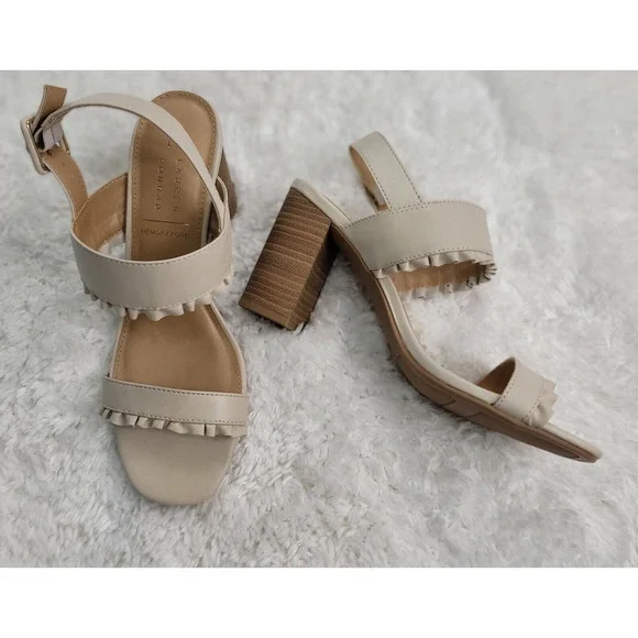 LC Lauren Conrad Etta Slingback Sandals Womens Size 8 Cream Two Band Ruffle Trim - Picture 1 of 10